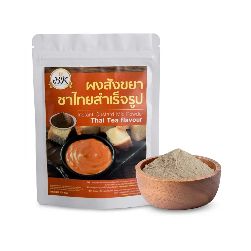 BK Bakery Thai Tea Flavored Instant Custard Powder in a 100g package, dry grocery product with vibrant packaging.