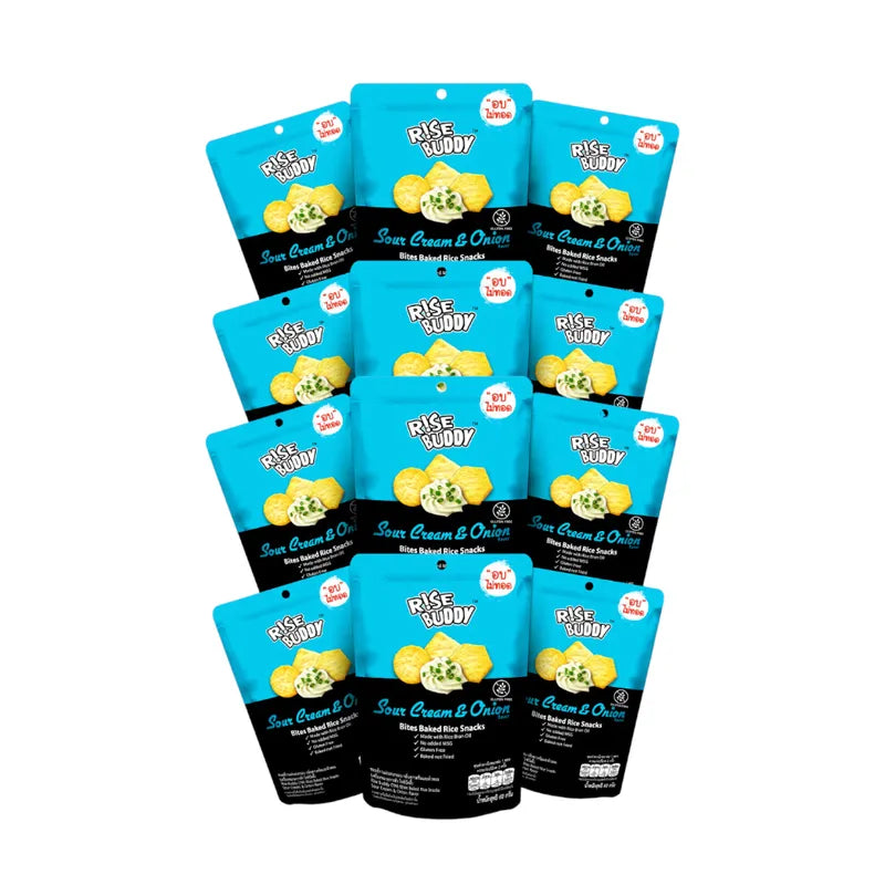 Rise Buddy Crispy Rice Snacks in a bowl, showing the light, crunchy rice treat from the dry grocery snack brand Rise Buddy.