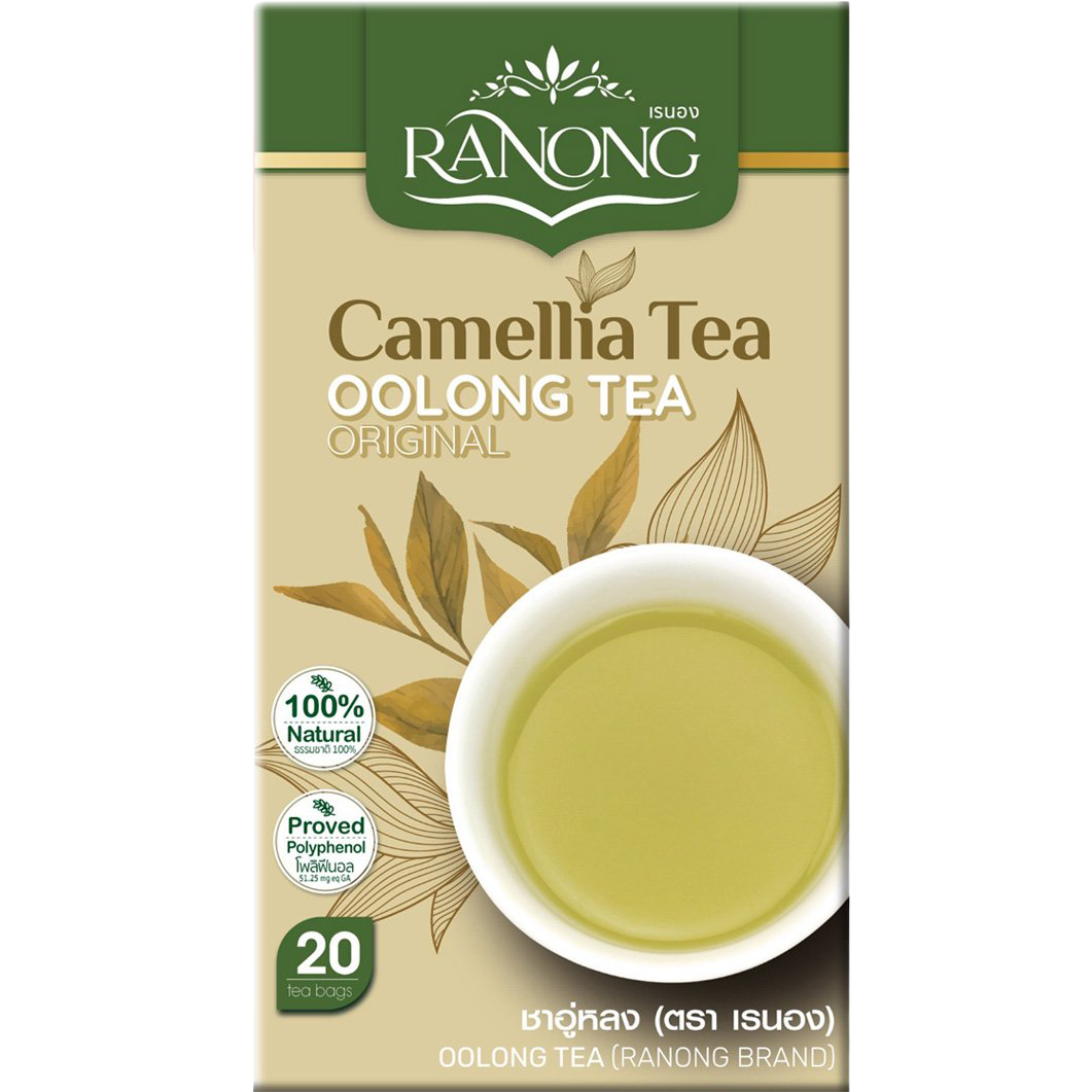 A glass cup of brewed Ranong Tea Oolong Tea with a golden amber color, showcasing the rich, aromatic drink from Ranong Tea brand.