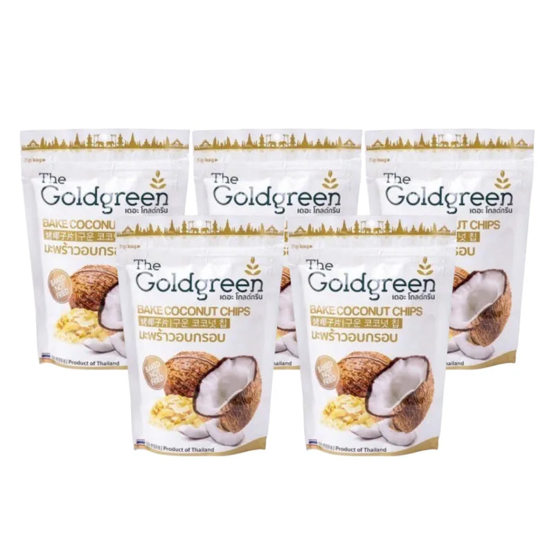 Golden brown crispy coconut bake chips from THE GOLDGREEN in a 50g package, perfect for dry grocery snacking.