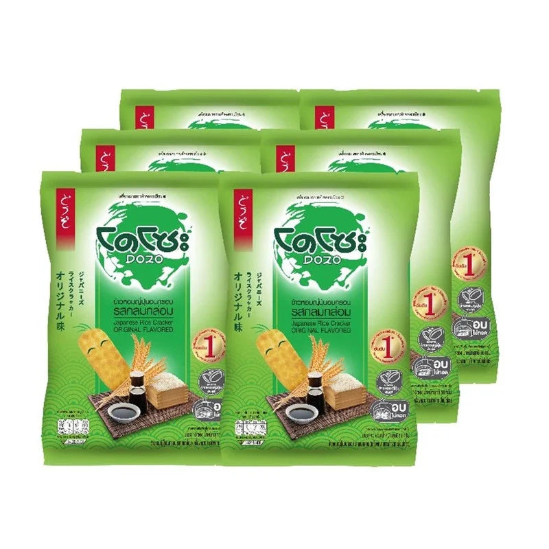 Dozo Crispy Japanese rice snack in 56g packs, showing lightly toasted rice grains in a clear bowl.