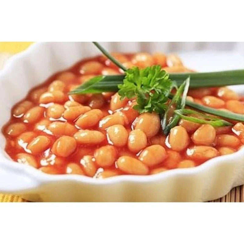 Brook Baked Beans in Tomato Sauce 425g can, showing a close-up of the canned baked beans with label and food inside.