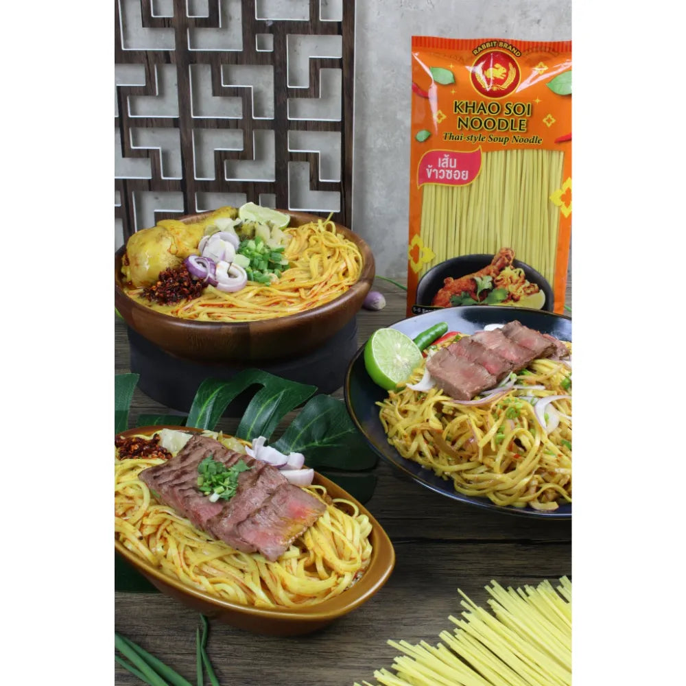Rabbit Brand Khao Soi noodles 500g package, dry grocery product with traditional Thai-style rice noodle appearance.