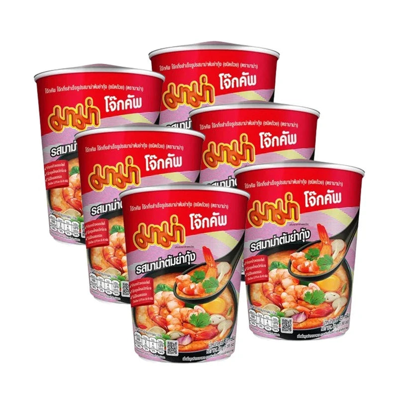 Mama Joke Cup Tom Yum Kung flavor dry grocery cup with vibrant packaging and images of spicy Tom Yum ingredients.