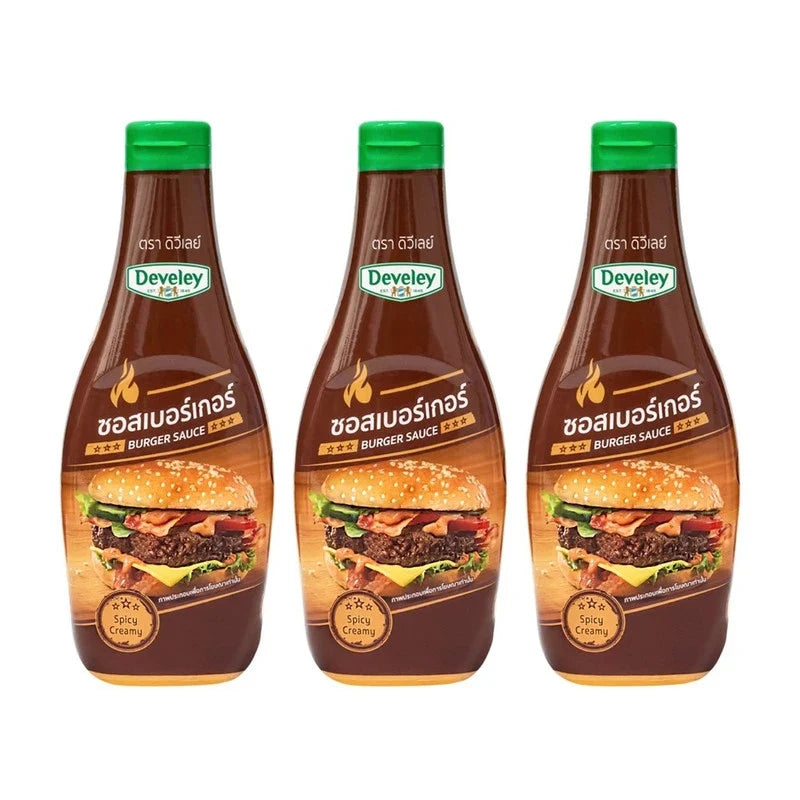 Develey Burger Sauce in dry grocery package, showing the bottle with label and sauce details for flavorful burgers.