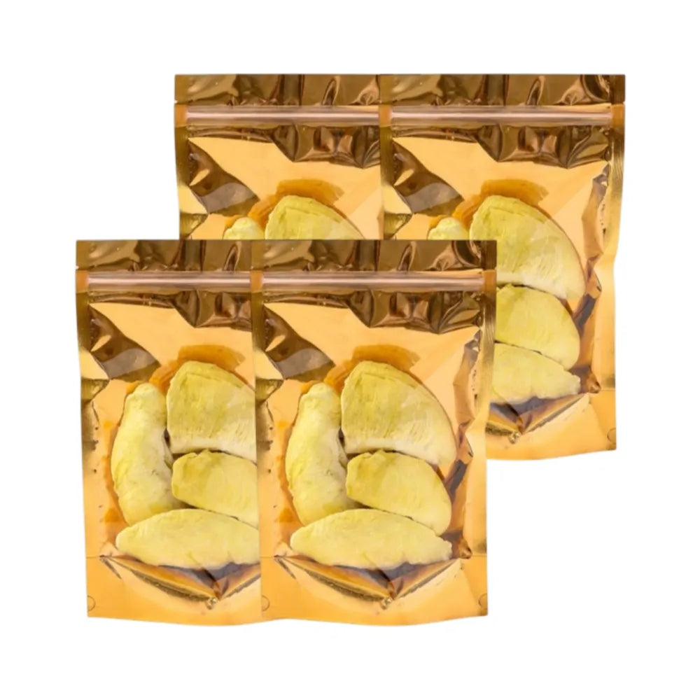Sriwanna Premium Crispy Durian snack in 100g package, dry grocery product with crispy durian pieces in a resealable bag