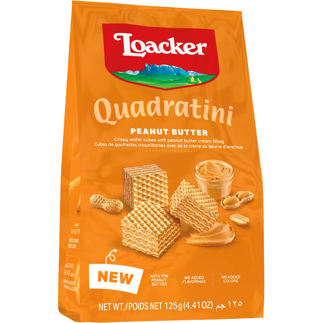 Loacker Quadratini Peanut Butter confectionery snacks featuring square wafer cookies with peanut butter filling.