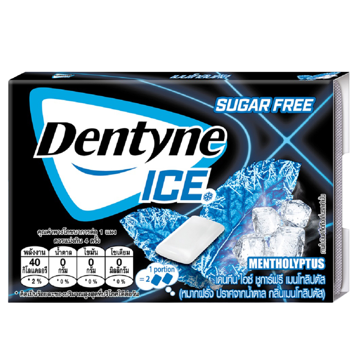 Dentyne Ice Sugar Free Mentholyptus confectionery snacks featuring mint and menthol flavors in a pack.