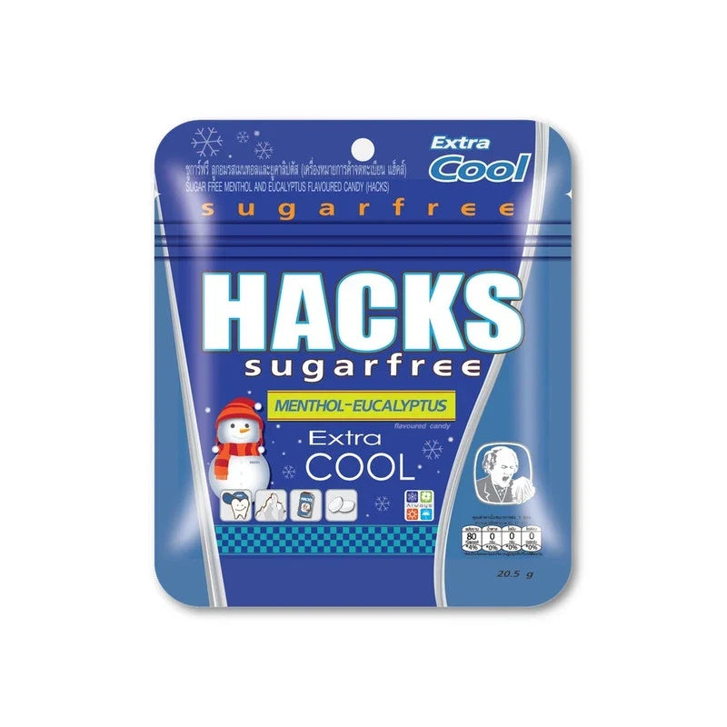 Hacks Sugar-Free Menthol Eucalyptus Candy in 20.5g package, sugar-free confectionery snack with refreshing menthol and eucalyptus flavor.