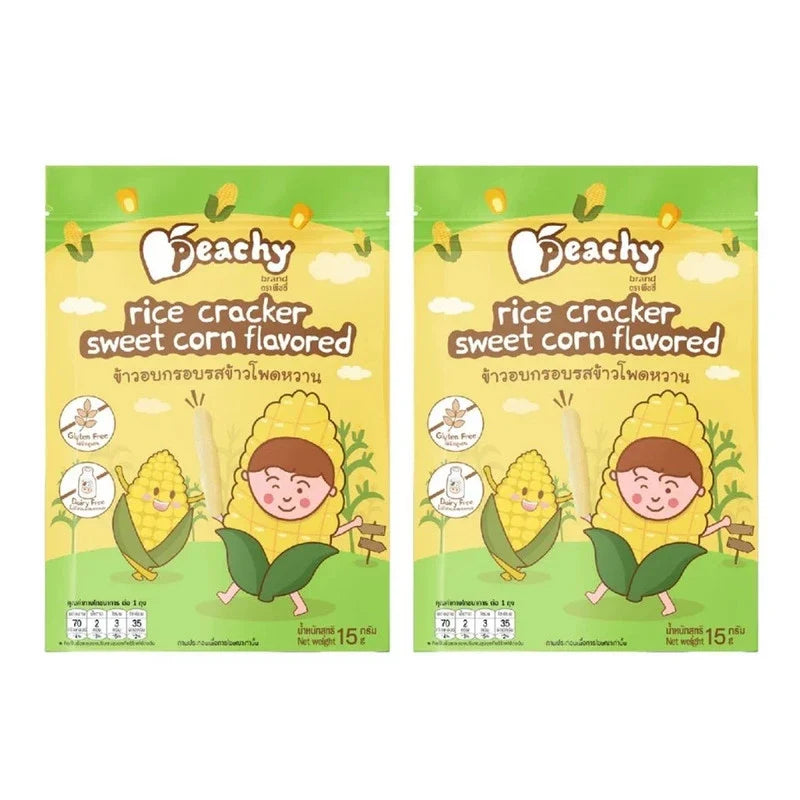 Peachy Rice Crisps with Chocobana flavor and sweet corn, snack confectionery from PEACHY, showing the crispy rice snack close-up.