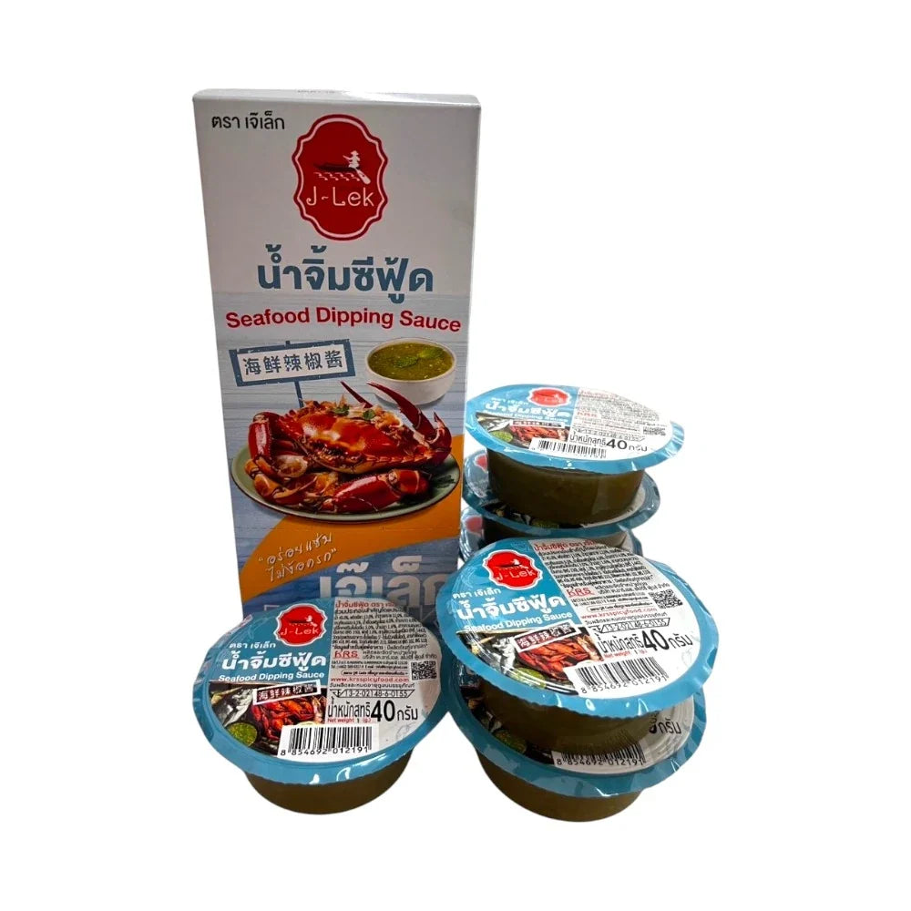 J-LEK seafood dipping sauce in cups, ready-to-use dry grocery product, ideal for seafood dishes and flavorful dipping.