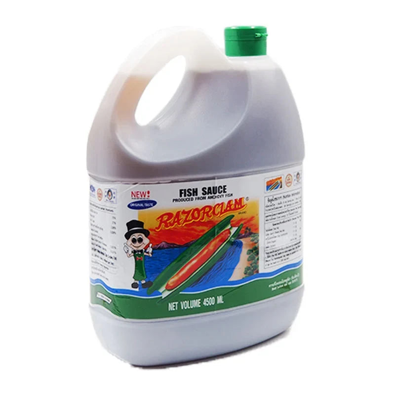 Razorclam Fish Sauce 4.5L bottle for cooking and seasoning, showcasing the transparent container with dark fish sauce inside.