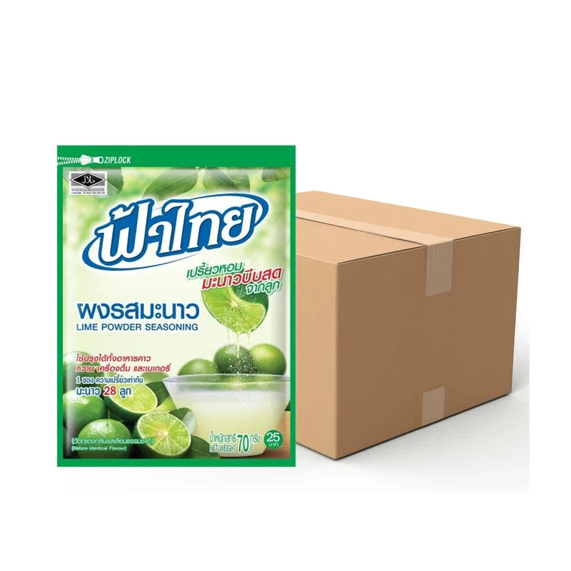 Fathai Lime Powder 70g package, dry grocery product with multiple packs, showing the lime powder in a transparent container.