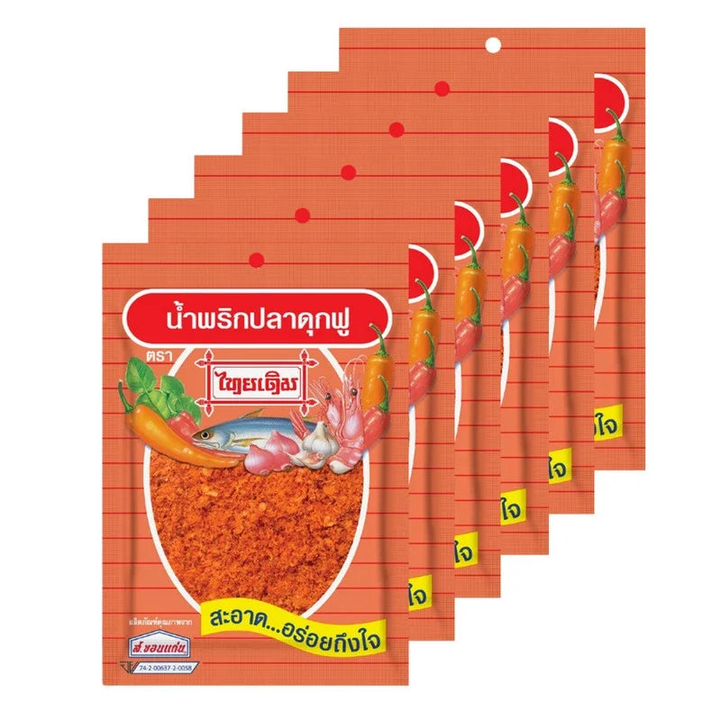 THAIDERM Thaiderm Pladukfu Chili Flakes 22g, close-up of six packaged dry grocery chili flake containers with red chili flakes inside.