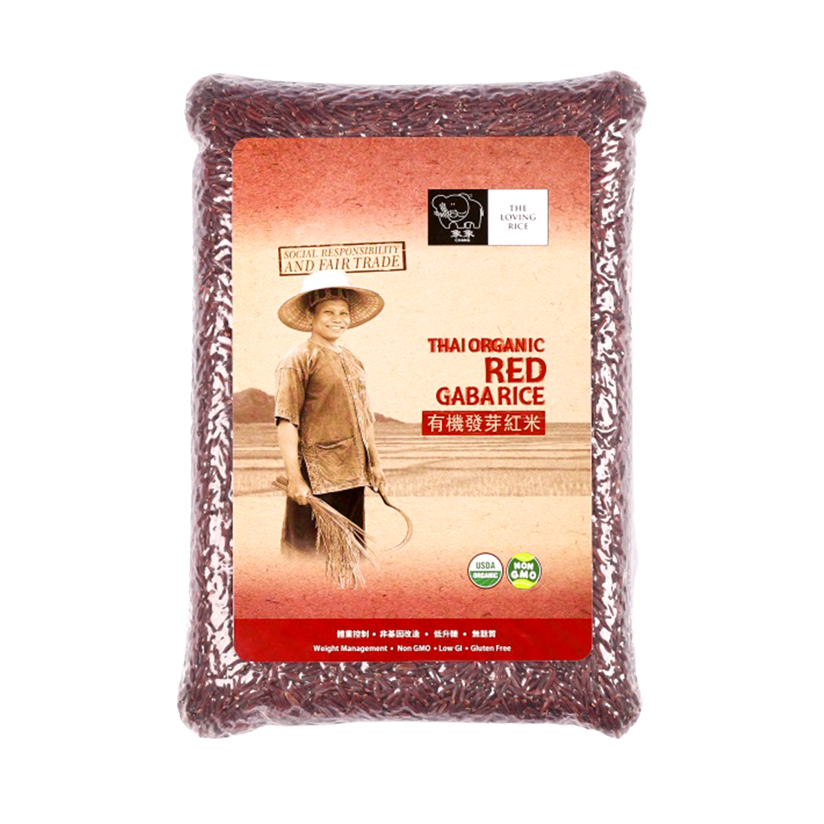 Chang Thai Organic Red Gaba Rice in a grocery package, showcasing the vibrant red grains and natural organic branding.