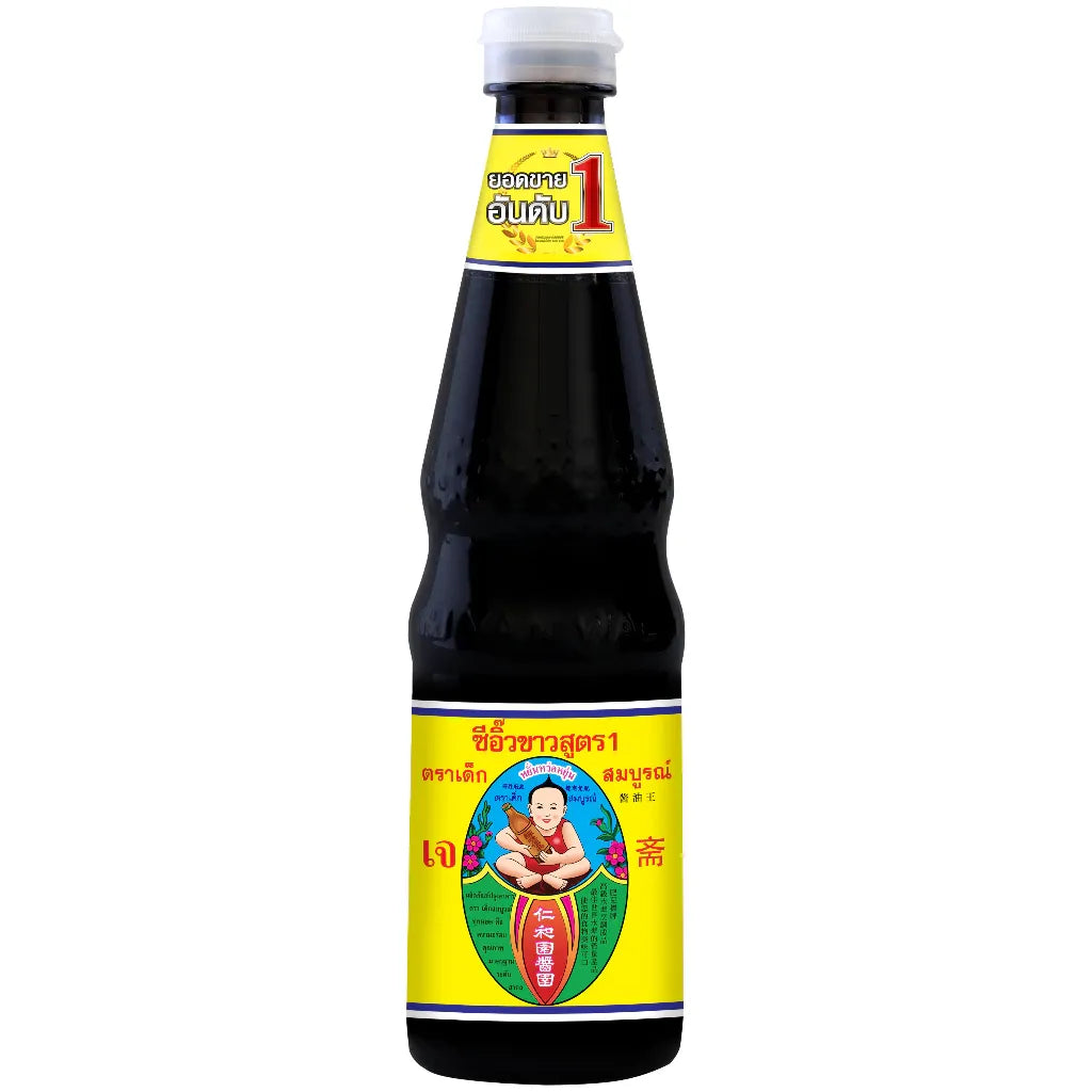 Deksomboon Thin Soy Sauce 600ml bottle, traditional Thai dry grocery condiment with clear dark liquid inside.