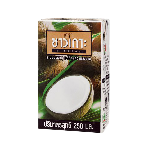 Coconut milk in a can from Chaokoh, creamy Thai grocery product, with a smooth, white liquid visible in the image.