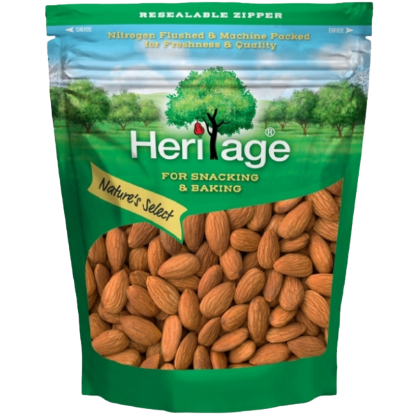 Heritage Raw Natural Whole Almonds in a clear bowl, showcasing their light brown, textured shells, perfect for healthy snack options.