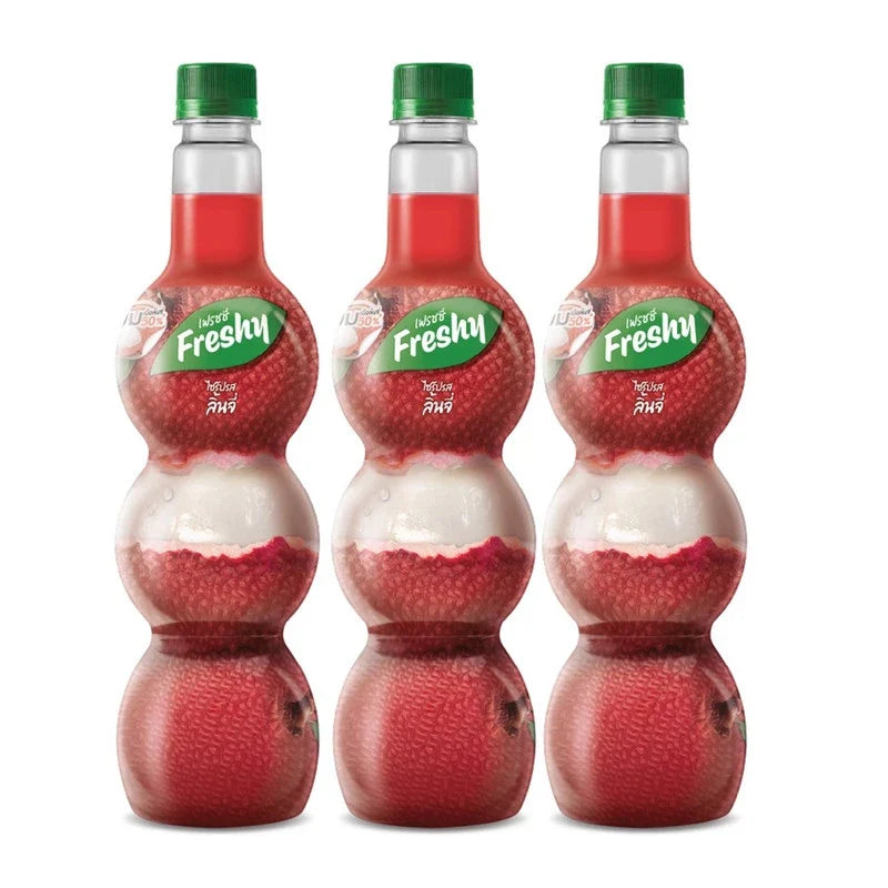 Freshy Lychee Syrup 710ml, three bottles, ideal for dry grocery use, featuring authentic lychee flavor from the FRESHY brand.