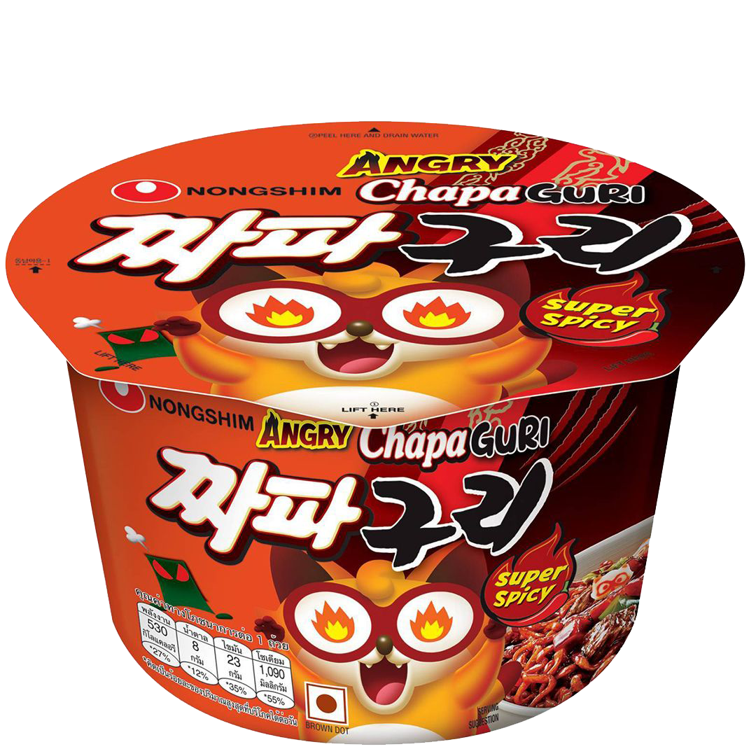 Nongshim Angry Chapaguri super spicy noodle soup in a bowl, featuring noodles, spicy broth, and toppings.