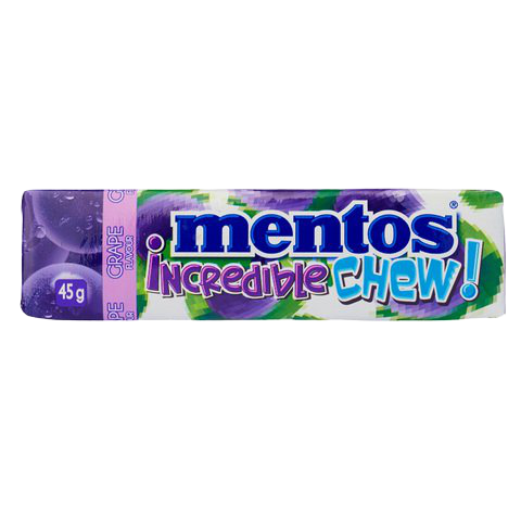 Mentos Incredible Grape Chewy Candies in colorful packaging, showcasing the fruity, chewy confectionery snacks.