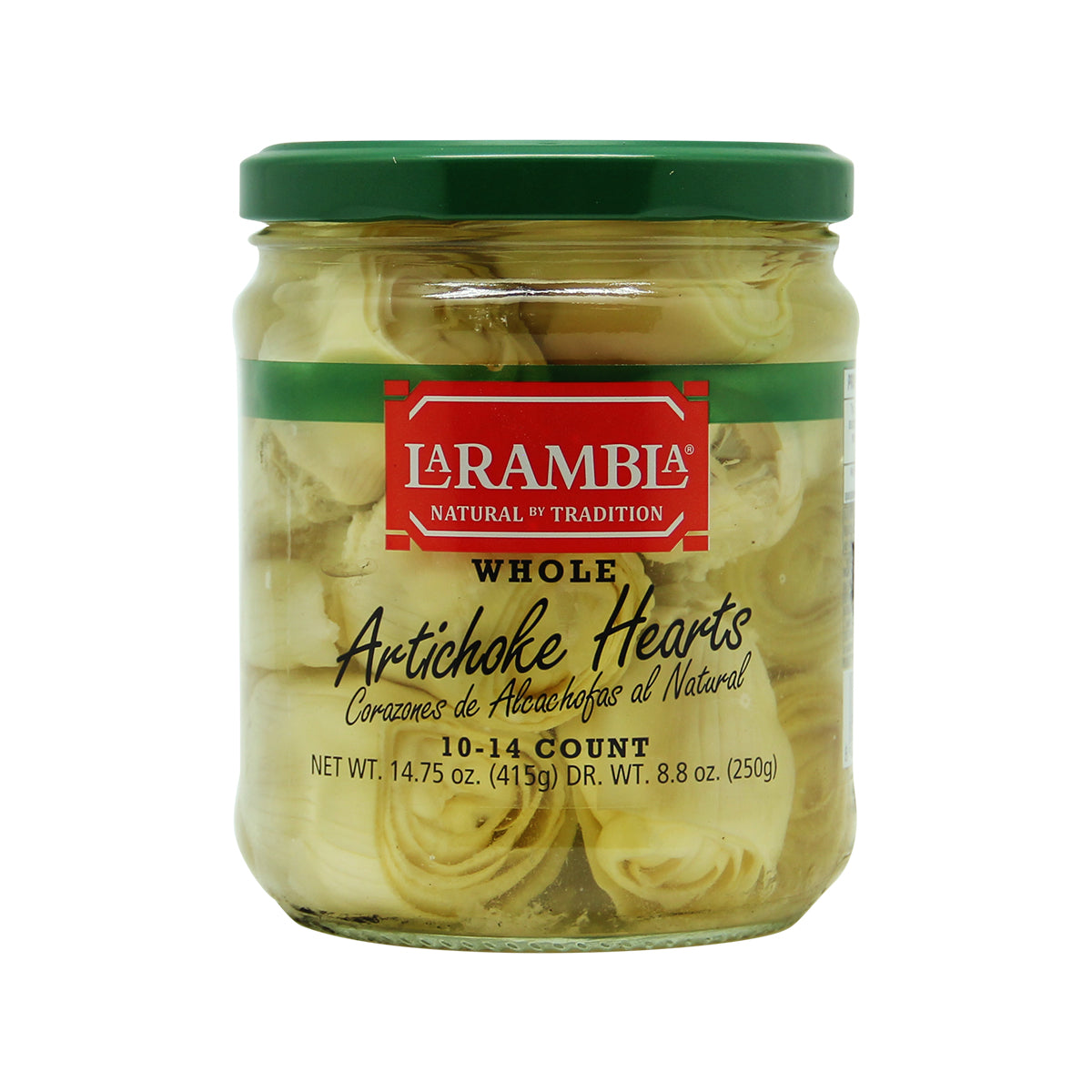 Larambla Natural Artichoke Hearts in a jar, showcasing tender, preserved artichoke slices ready for cooking or salads.
