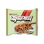 Nongshim Chapagetti instant noodle package, dry grocery product with black and red packaging, featuring noodles and vegetables.