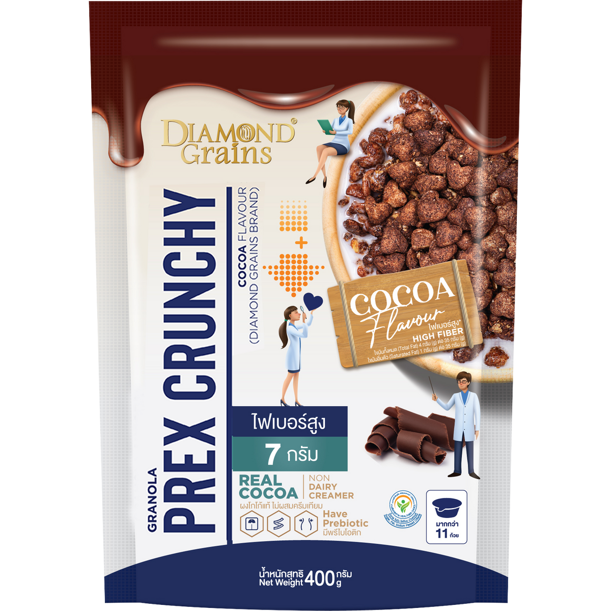 Diamond Grains Granola Prex Crunchy Cocoa flavor in a bowl with scattered granola pieces and cocoa accents.