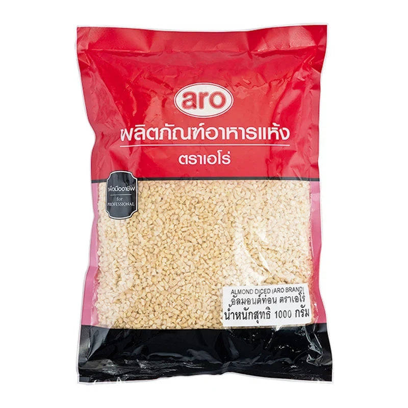 Diced almonds from ARO in a 1kg package, suitable for baking and cooking, shown in a clear image.