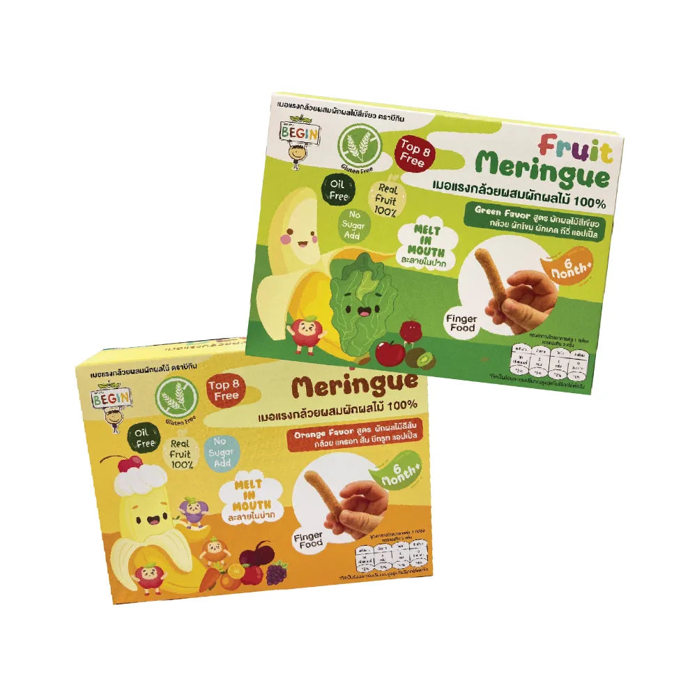Begin Baby Banana Meringue mixed with orange vegetables, a colorful snack confectionery for babies, in a vibrant packaging.
