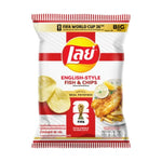 LAYS Classic English Fish N Chips snack pack, 66g x 24, crunchy seafood-flavored snack confectionery in colorful packaging.