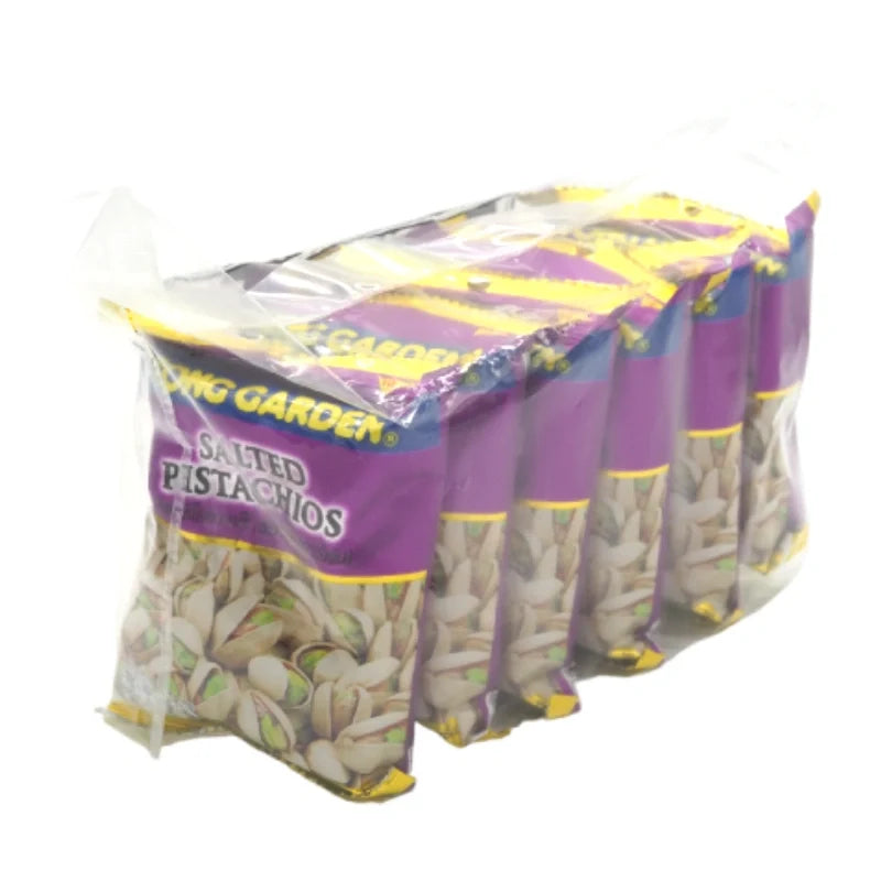 Tong Garden Salted Pistachios 30g snack pack, dry grocery, showing salted pistachios in a clear package.