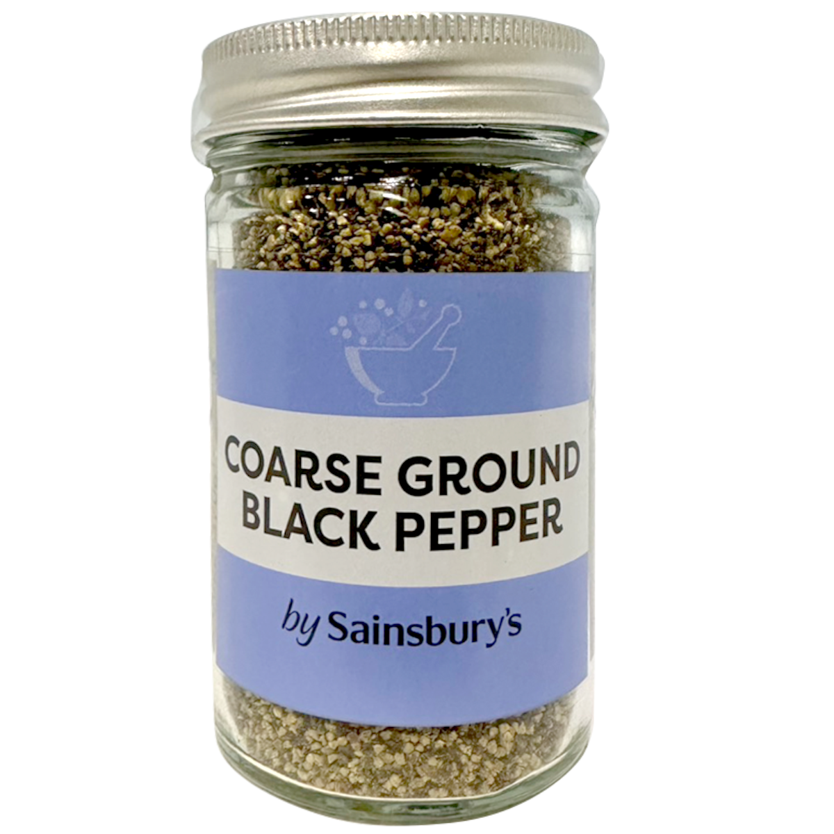 Sainsbury's coarse ground black pepper in a clear glass jar, showing black peppercorns inside.