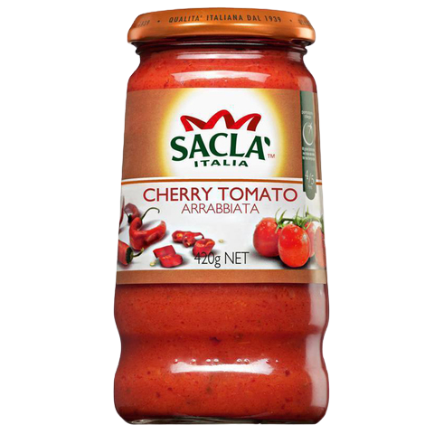 Spaghetti pasta with Sacla Arrabbiata sauce in a bowl, showcasing red chili pepper and tomato-based Italian sauce.