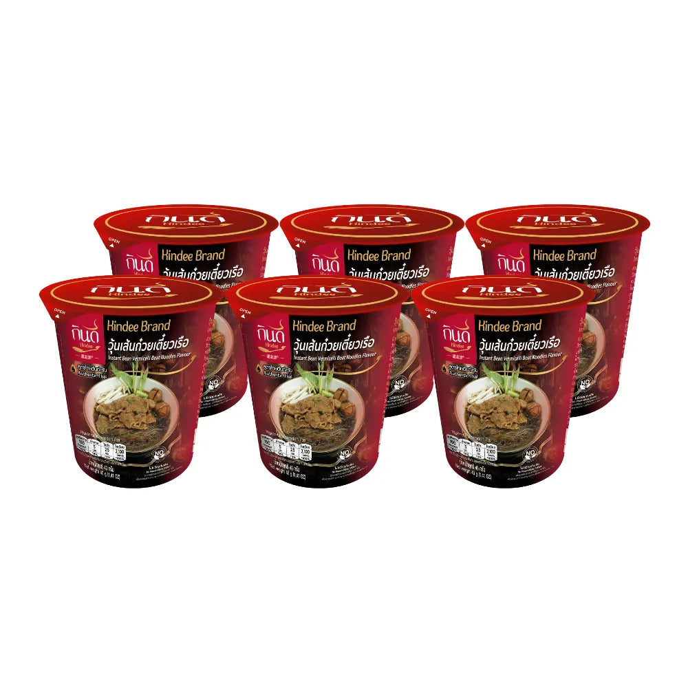 Kindee Gindee glass noodle cup, 40g, in a pack of six, dry grocery product with transparent glass noodles in a clear cup.