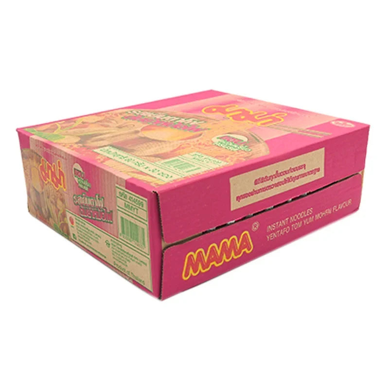 Mama Instant Noodles Yentafo Tom Yum flavor in 60g packages, dry grocery product with colorful packaging and noodles inside.