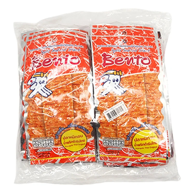 Bento Squid Seafood Snack Hot Spicy 4g, dry grocery snack with spicy flavor, shown in a close-up image.