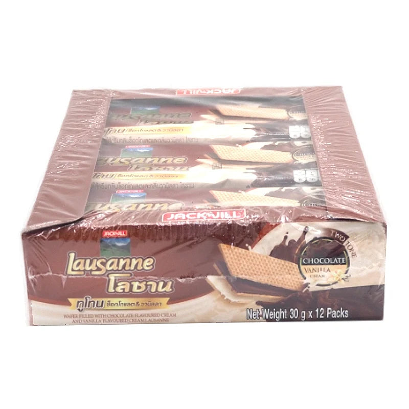 Lausanne two-tone wafer with chocolate and vanilla cream, 30g each, showing stacked wafers with cream filling in a box.