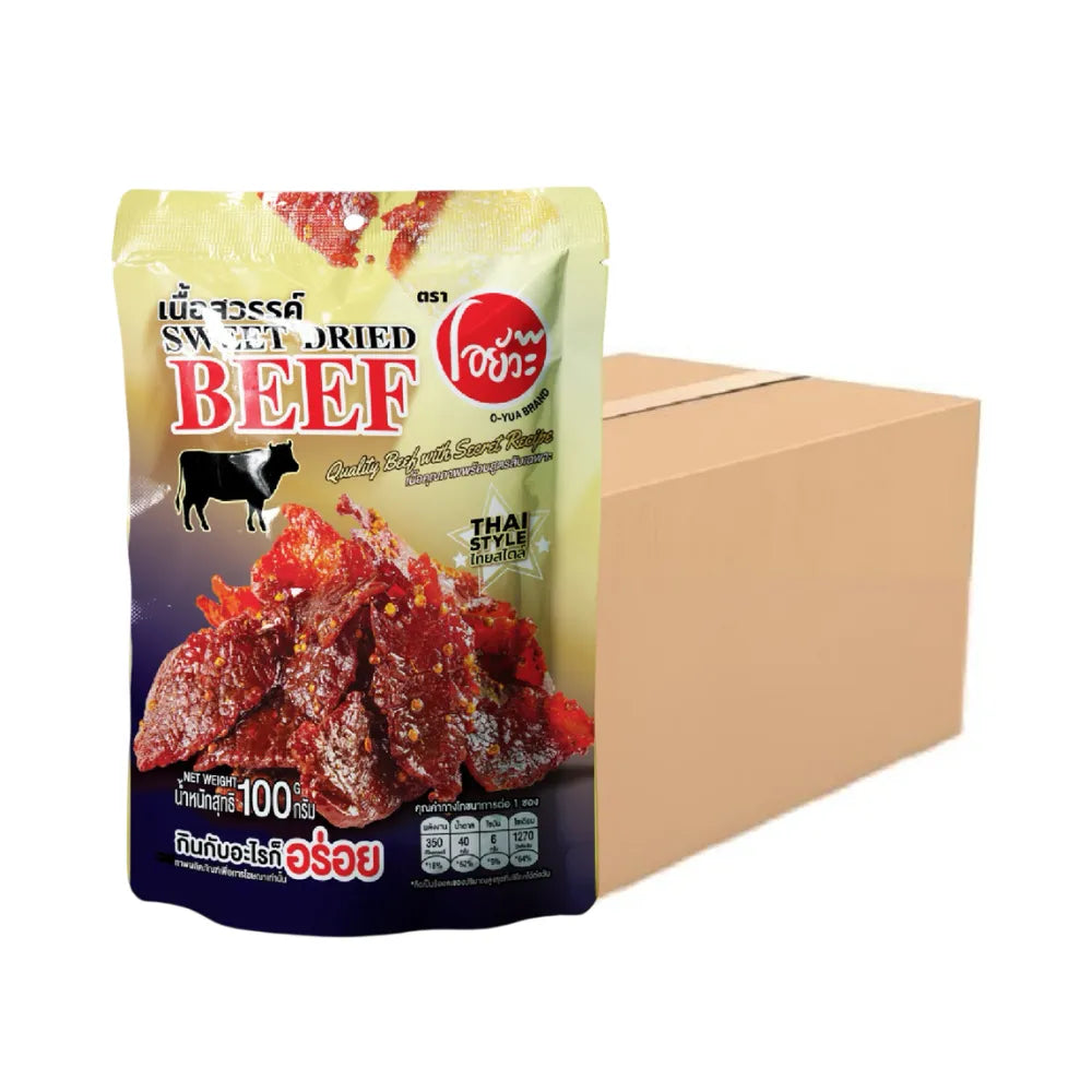 O-YUA Heavenly Beef Sweet Dried Snacks pack showing glossy, sliced dried beef pieces in a 100g package.