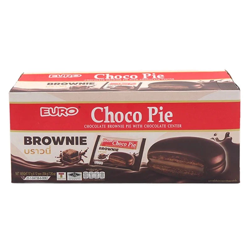 Euro Chocopie chocolate brownie snack pack, 17g x12, featuring soft brownie filled with chocolate, in a colorful packaging.