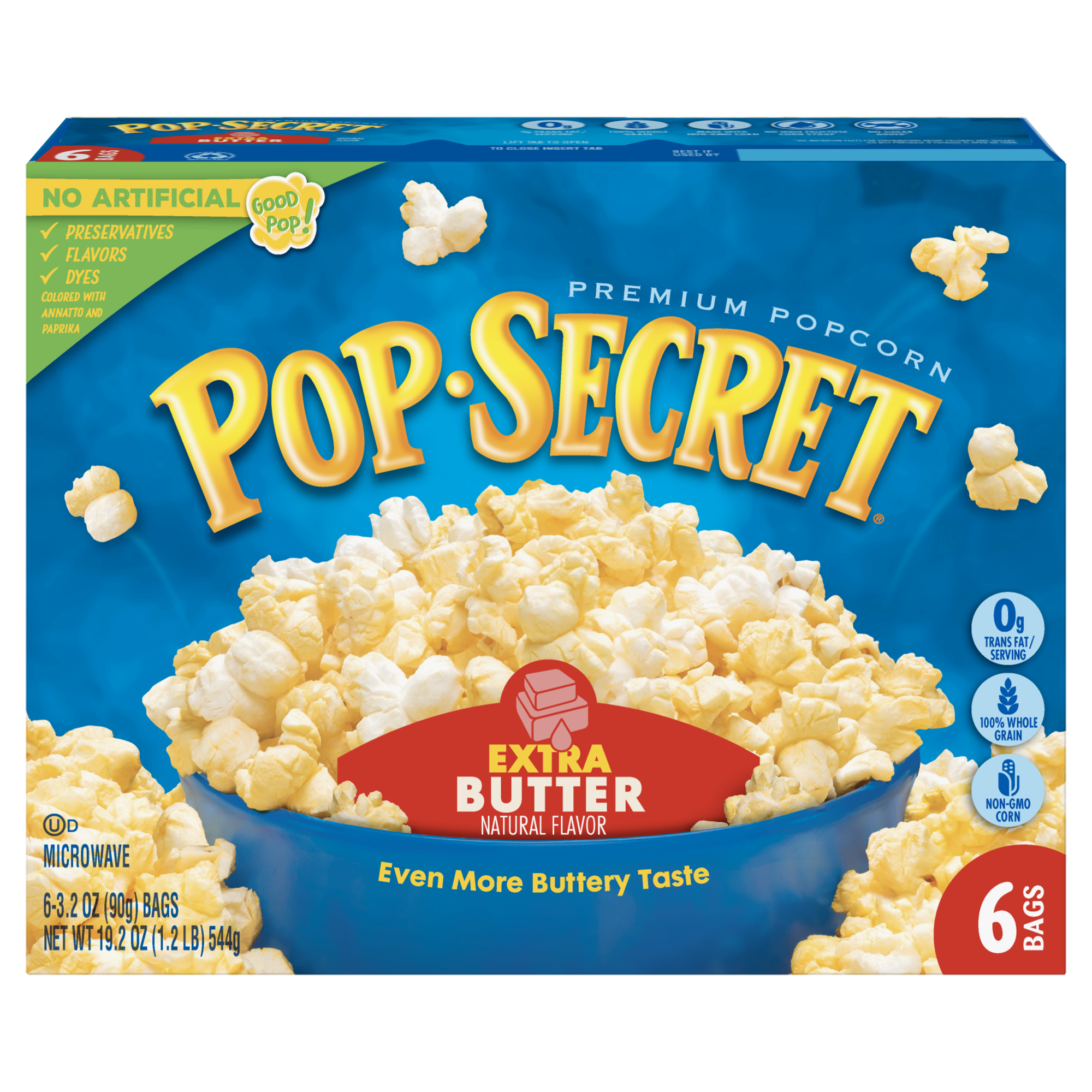 Pop Secret Extra Butter popcorn in a bowl, showcasing golden, buttery popcorn pieces from the confectionery snack brand.