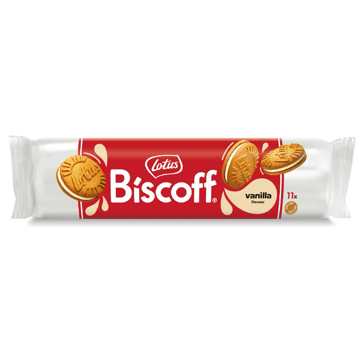 Lotus Biscoff vanilla flavored biscuit sandwich, a confectionery snack with creamy vanilla filling between crispy Lotus biscuits.