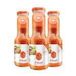 Three 350g glass bottles of J-LEK Jae Lek Suki Sauce in clear glass bottles for dry grocery use.