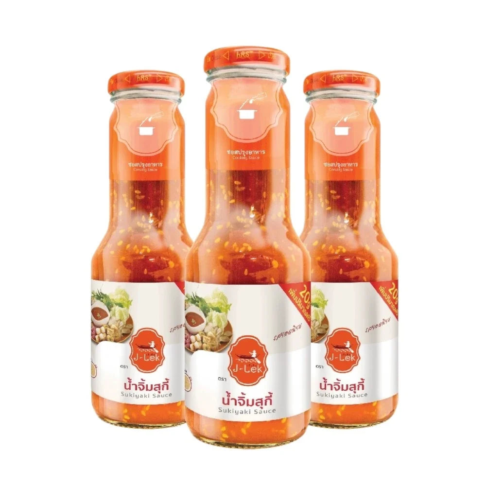 Three 350g glass bottles of J-LEK Jae Lek Suki Sauce in clear glass bottles for dry grocery use.