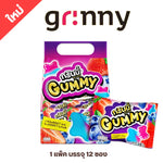 Assorted Grinny Pectin Gummy Star snacks in strawberry and blueberry flavors, shown in a clear, colorful package.