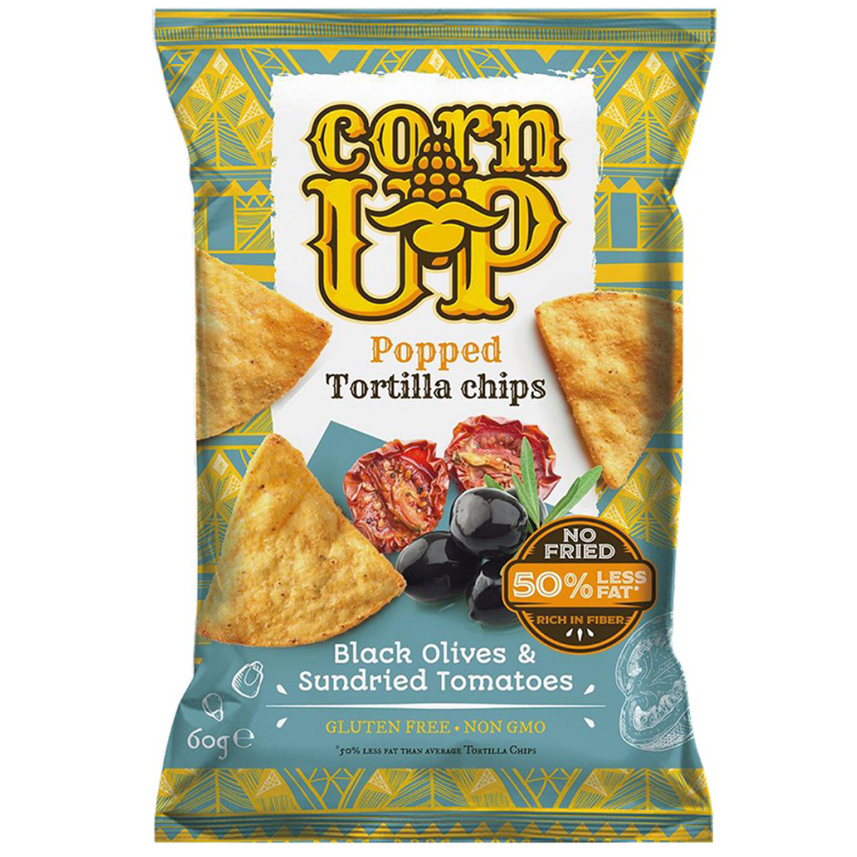 Corn Up Tortilla Chips with black olives, savory confectionery snack in a clear bowl, showcasing crispy chips and black olive pieces.