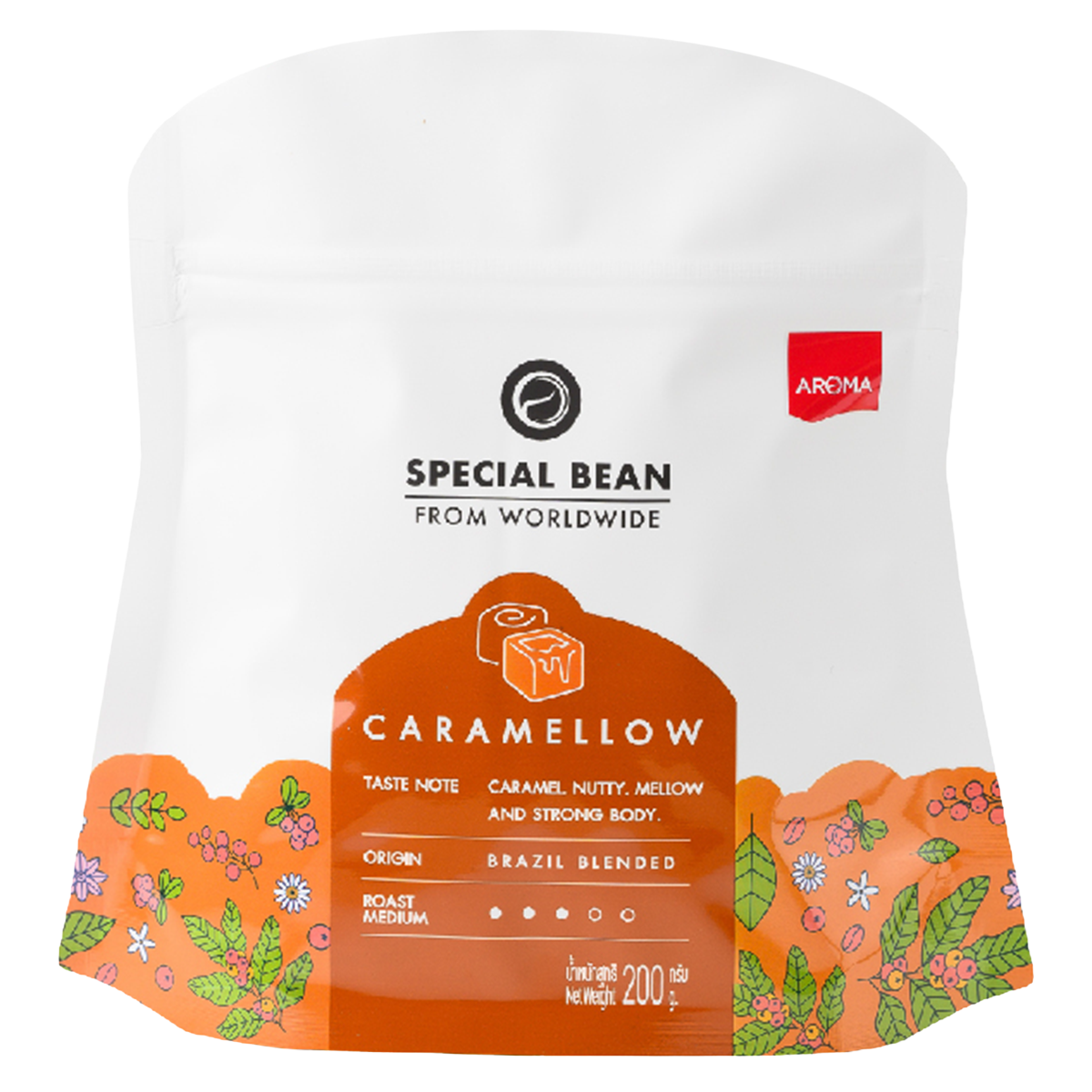 Aroma Caramellow blend drink in a clear glass, showing its rich caramel color and smooth texture.