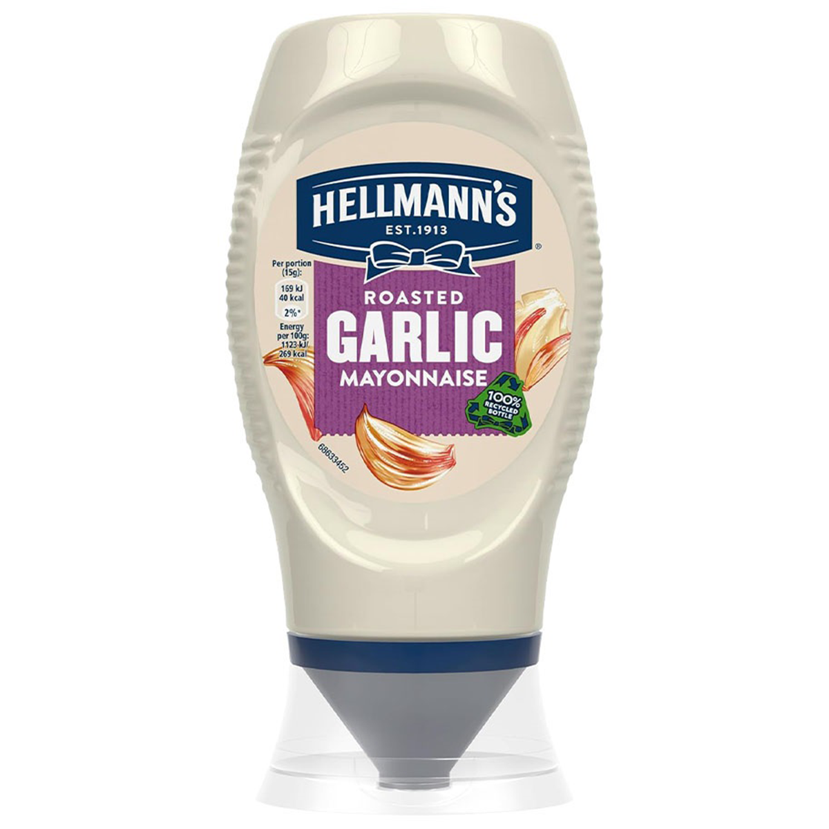 Hellmann's mayonnaise with garlic in a squeeze bottle, showing creamy texture and garlic flavor for savory sandwiches and dips.