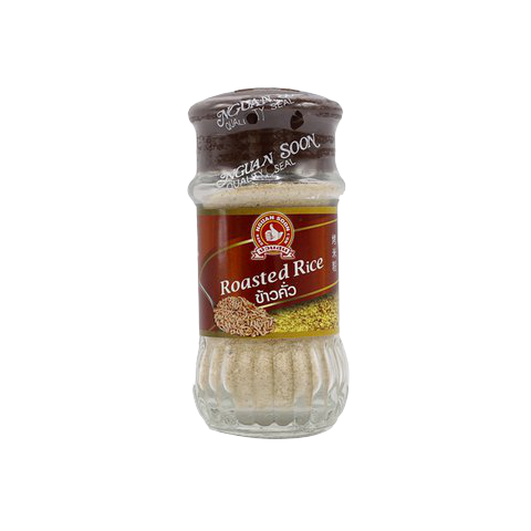 Nguan Soon Roasted Rice in a clear bowl, showcasing golden, crispy grains in a grocery product image.