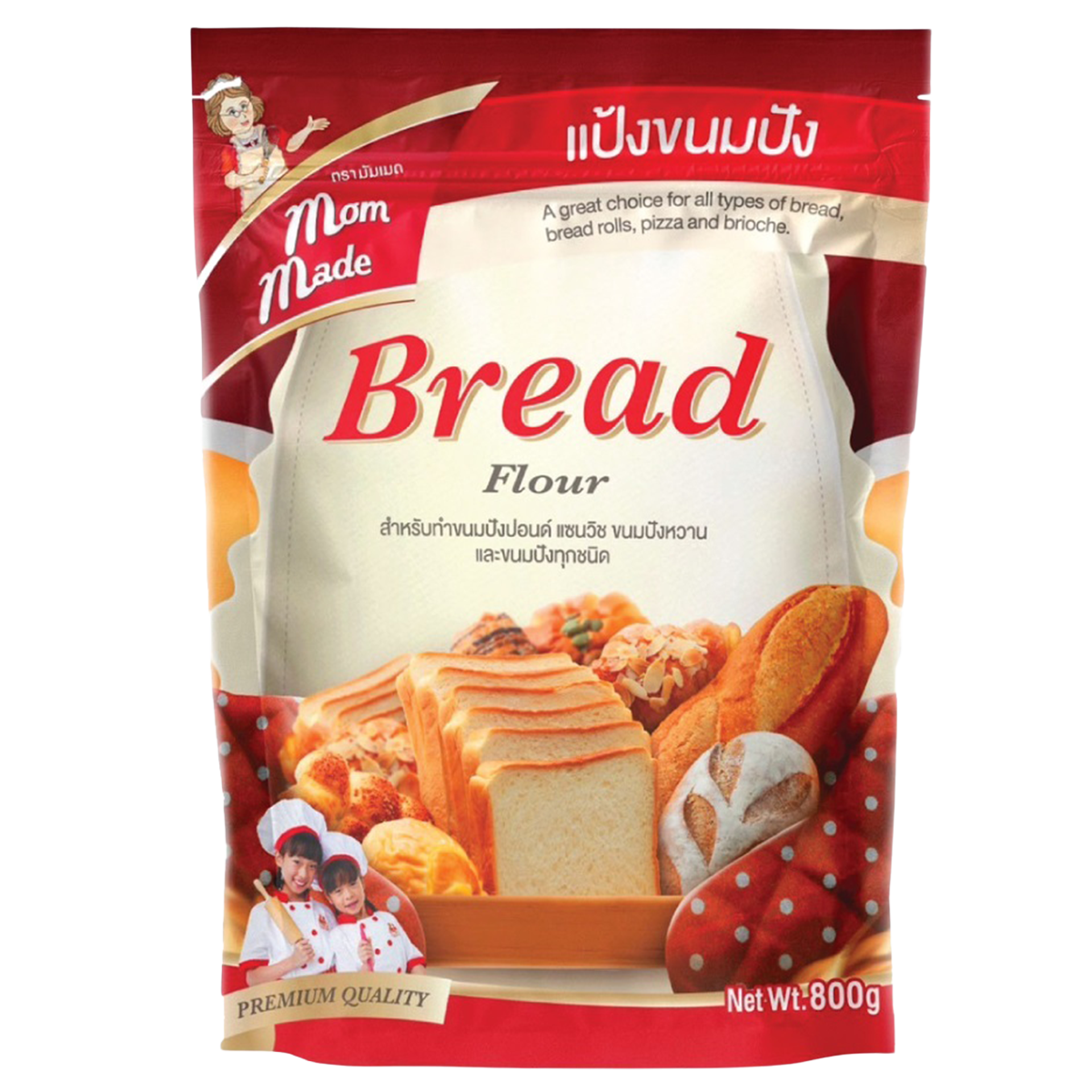 Mommade Bread Flour in a bag, grocery product for baking bread, with a clear label showing the Mommade brand.